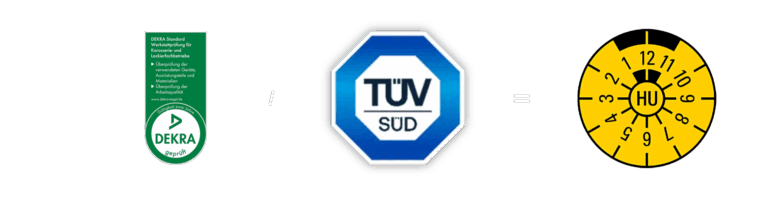 DEKRA- und TÜV-SÜD-Logos sowie eine gelbe HU-Plakette auf schwarzem Hintergrund.